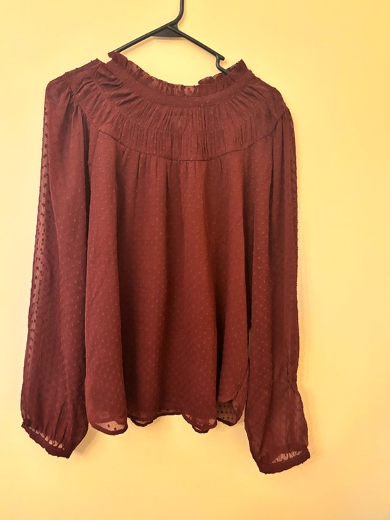 LOFT Tops - LOFT Burgundy Swiss Dot Pleated Yoke Blouse